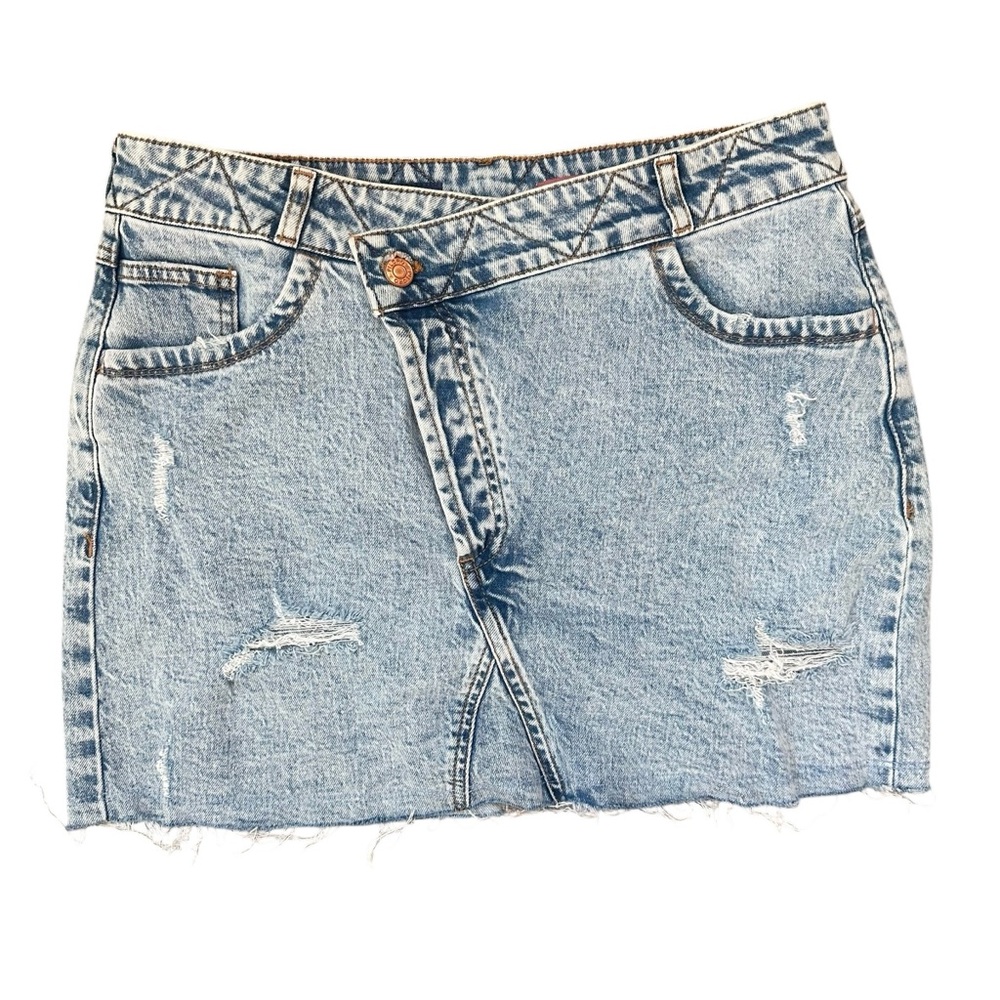 Anthropologie Pilcro Criss Cross Waist Light Stone Washed Raw Hem Mini Skirt 8